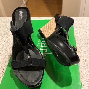 Black sandal. Stretch fabric, braided 4 in heel